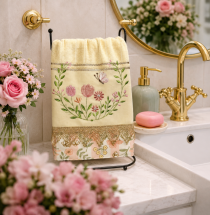 Toalha Lavabo - Coroa de Flores com Borboleta