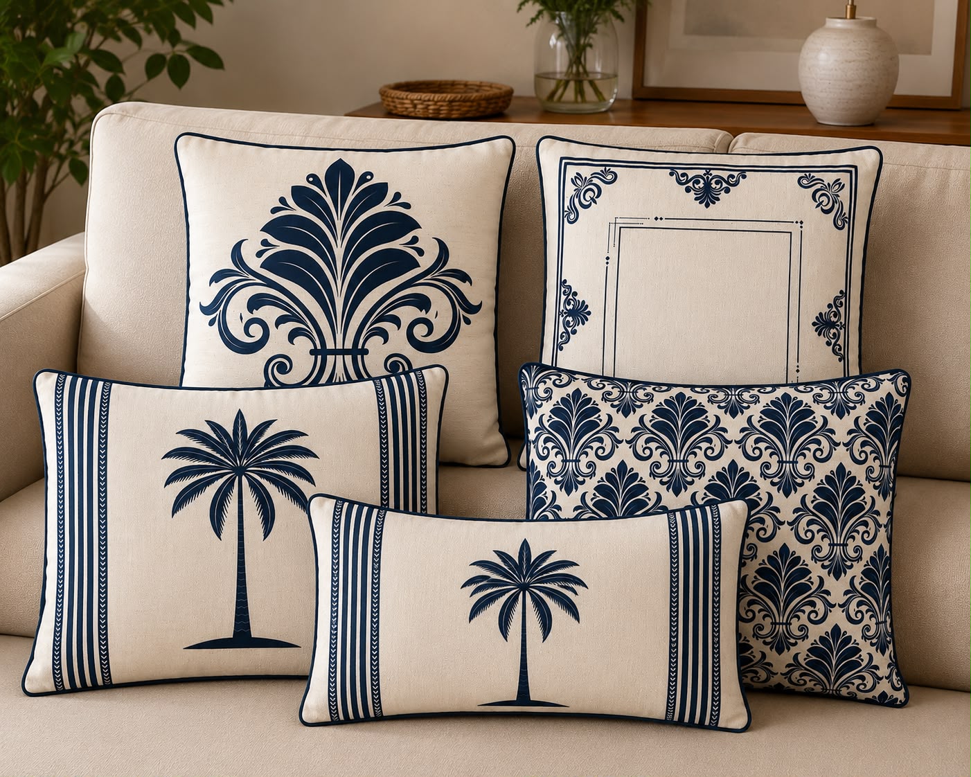 Capa para Almofada - Kit com 5 Peças - Arabesco Azul